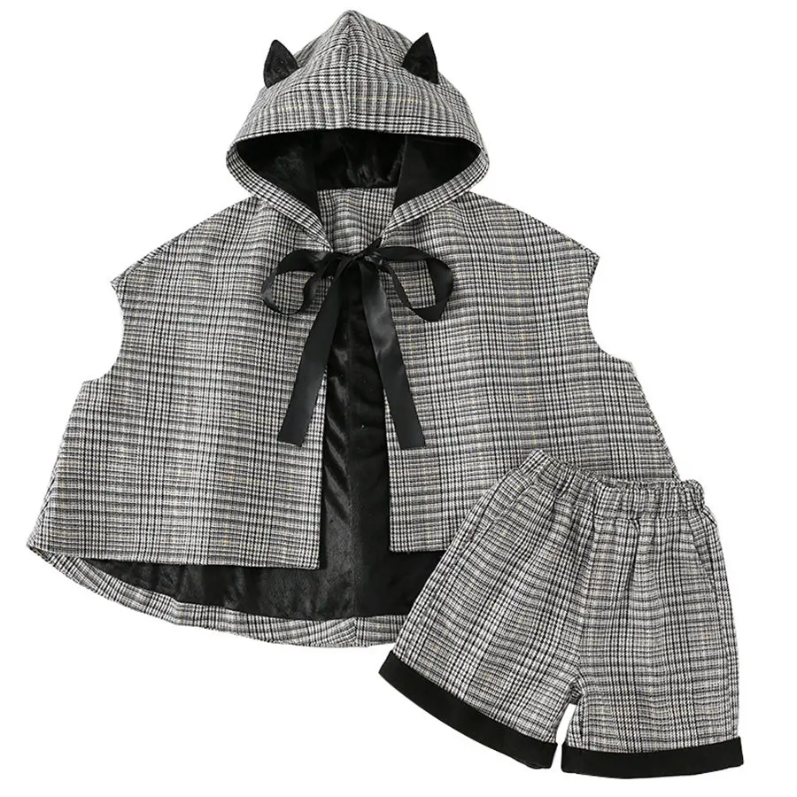 

Spring Formal Suit For Girls 4-13 Years Fashion Plaid Hooded Cloak Jacket + Velvet Shorts Set Teens Princess Girls Clothing Set