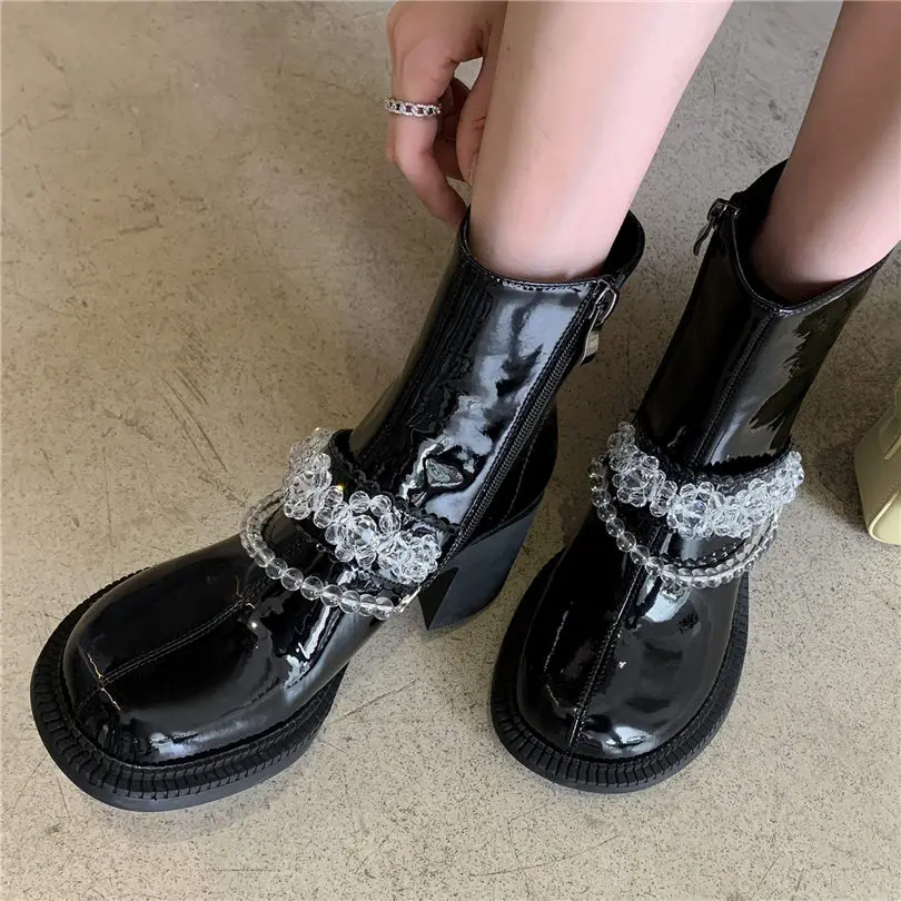 Punk Goth Mary Janes Women's Cow Leather Platform Ankle Boots Cuban Heel Lace Up Round Toe Oxfords 34 35 36 37 38 39 40