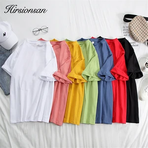 Футболка Hirsionsan Женская Базовая хлопковая в стиле оверсайз, Однотонная рубашка свободного покроя, корейский топ с круглым вырезом, 8 цветов, на лето