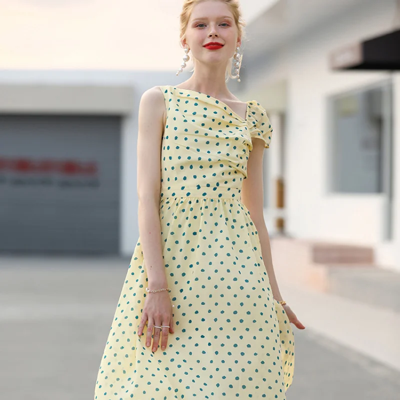 

Fashion Formal Occasion Dress Summer New Chiffon Thin Style Irregular French Lady Floral A-line Skirt Flying Sleeve Yellow