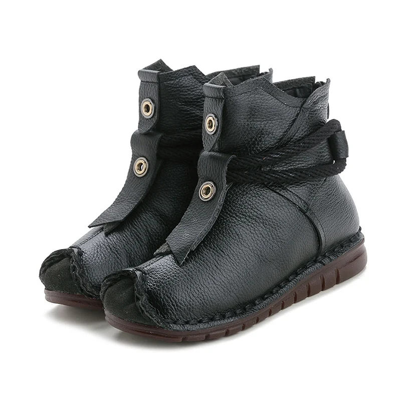 Black Cotton MCCKLE/женские ботильоны из натуральной кожи; обувь на плоской подошве со складками; женская теплая плюшевая зимняя обувь на молнии; женские модные короткие ботинки в стиле ретро - Цвет: Black Cotton