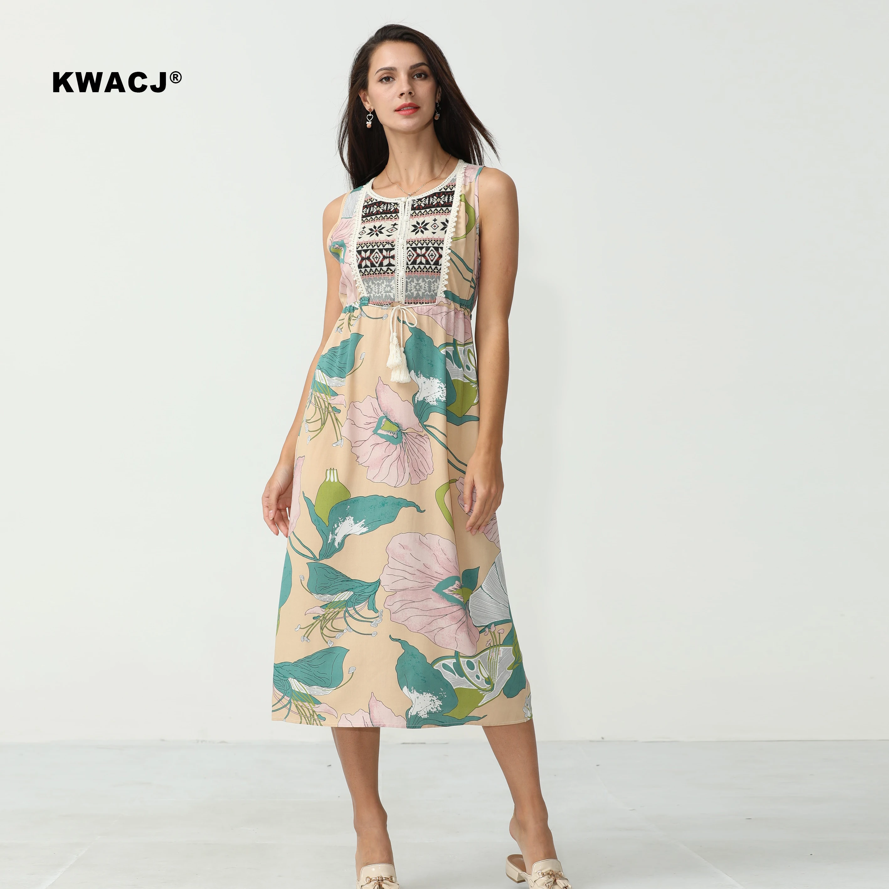 KWACJ Boho женские платья с вышивкой без рукавов длинное платье этническим принтом