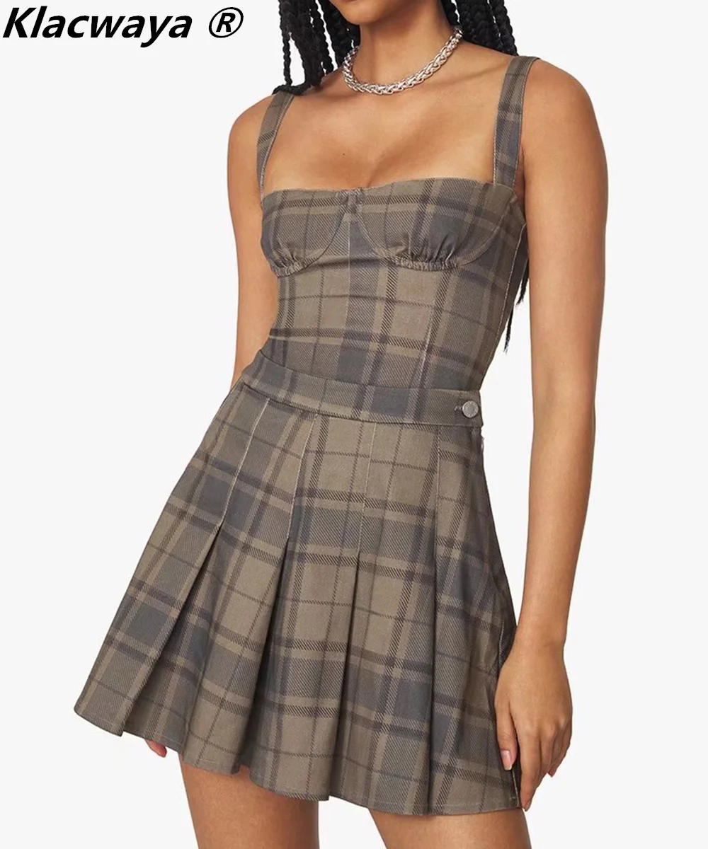 

Женский пикантный костюм Klacwaya, комплект из двух предметов, Женская юбка, укороченный топ на бретельках, мини плиссированные юбки с высокой т...