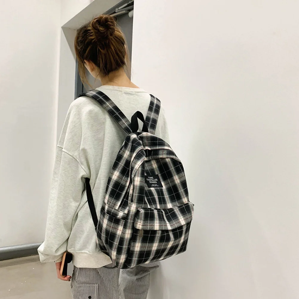 1PCS Plaid Student Backpack Canvas Material Japanese and Korean Retro College Style Simple Trend Leisure Travel Backpack 2020
