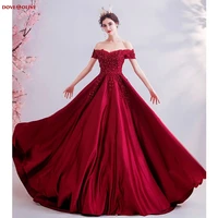 100 real pic elegant burgundy evening dresses 2020 lace applique crystal satin a line off shoulder long prom gowns graduation