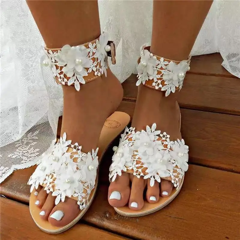 

Shoes Slippers Soft Big Size Flower Slipers Women Slides Low Shale Female Beach Lady String Bead Comfort 2021 Sabot Girl Flat