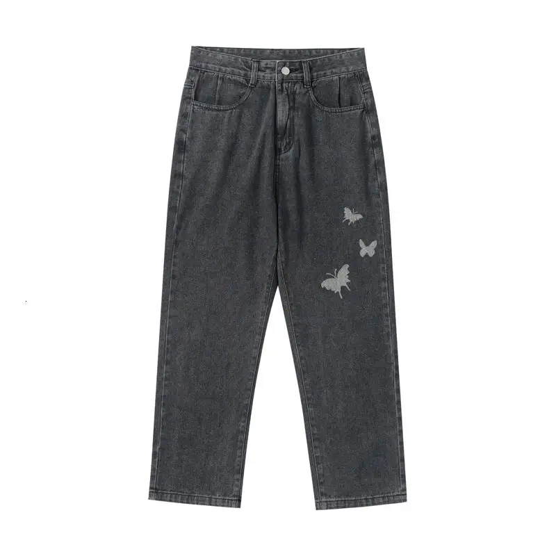 

Plus Velvet Thick/thin Jeans Men's Washed Overalls Casual Denim Trousers Printed Butterfly Straight Jeans Hip-hop Winter/autumn