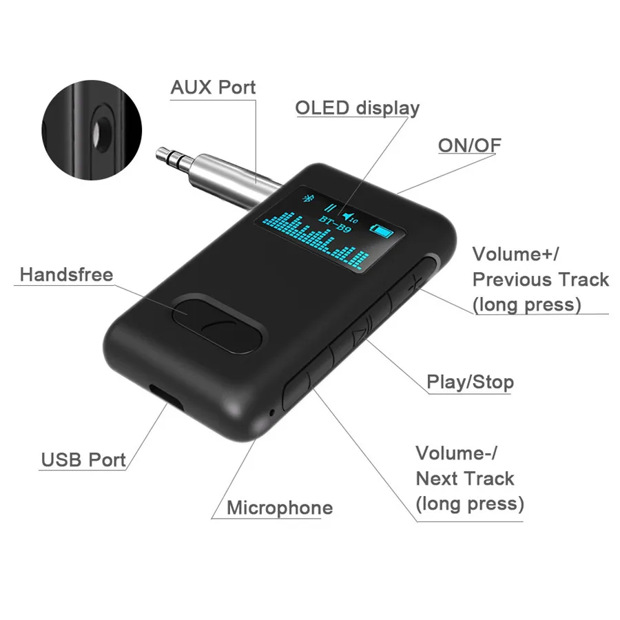 Bluetooth 5.0 Audio Receiver LCD Display Jack RCA AUX 3.5 3.5mm Stereo Music Wireless Adapter with Mic for Speaker Car Auto ON |