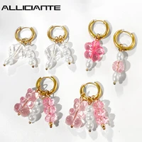 pink geometry beaded stainless steel hoop earrings for womon statement pearl huggie earrings y2k aesthetic bead jewelry 2022 new