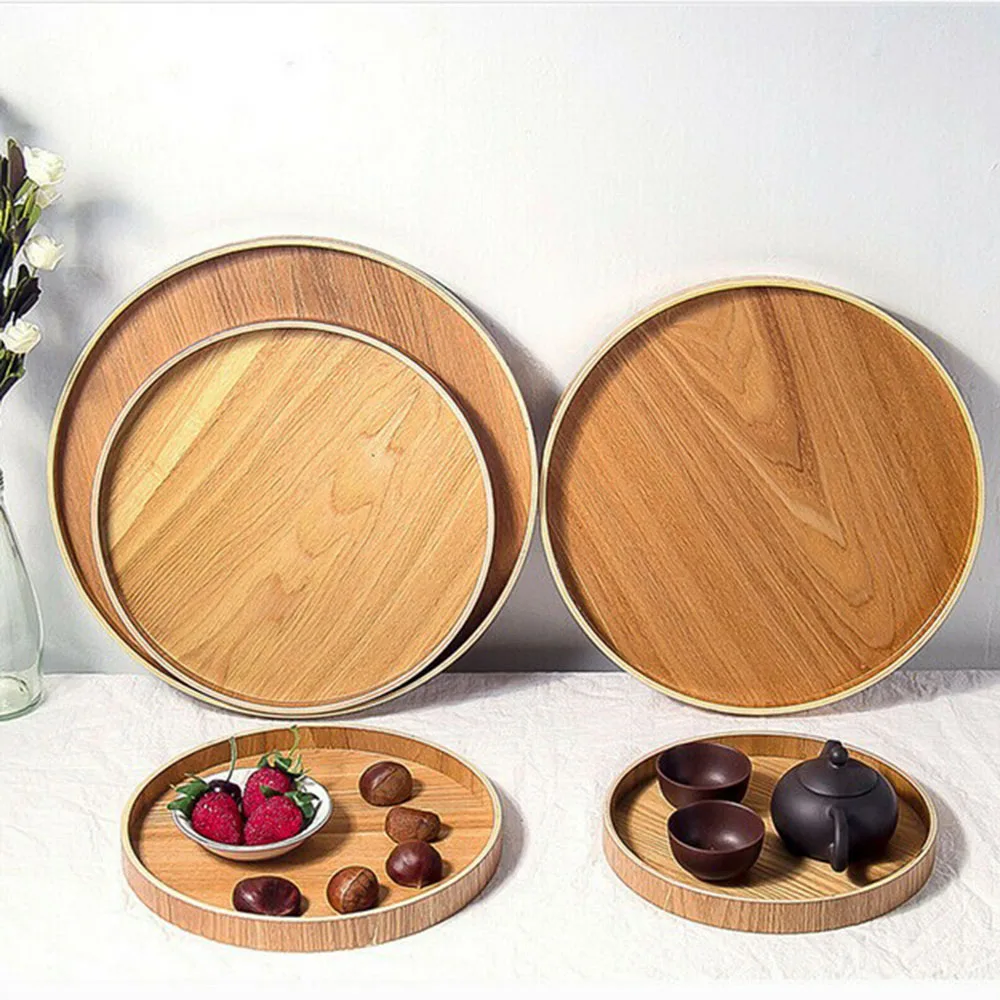 Круглая деревянная тарелка поднос из натурального дерева для сервировки чая еды