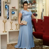 blue chiffon long mother of the bride dresses plus size short sleeves formal occasion evening gowns elegant wedding party dress