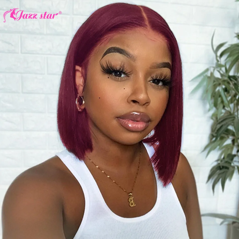 Brazilian 99J Straight Short Bob Wig T Part Lace Wig 13x0.5 Burgundy Bob Wig Lace Front Human Hair Wigs Jazz Star Non-Remy