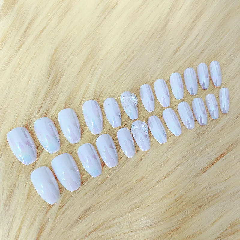 

24pcs/set latest white color gems elegant Acrylic resin full cover False Nail resin Fake Nails art Tips Sticker with GLUE