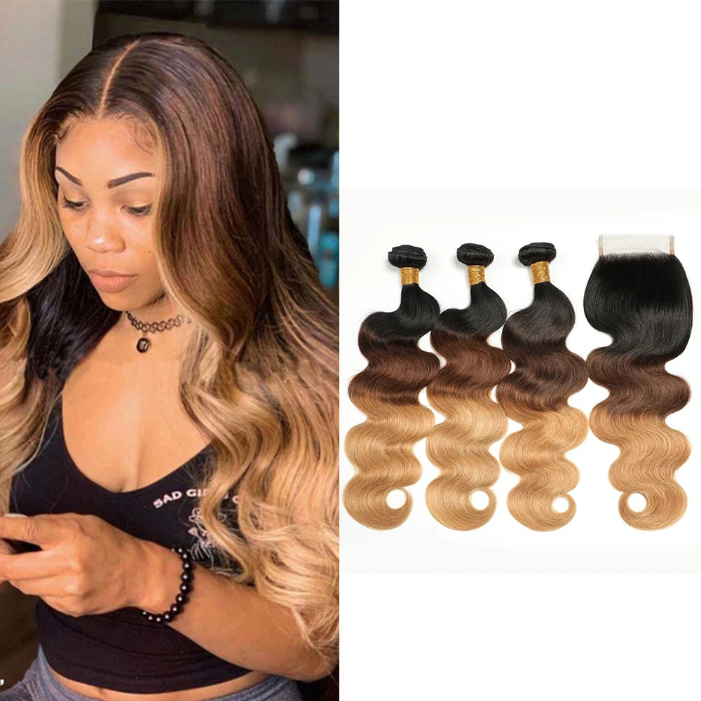 Wonder Beauty волосы Омбре пряди с закрытием волнистые перуанские 1B/4/27 Remy 4x4 кружева |