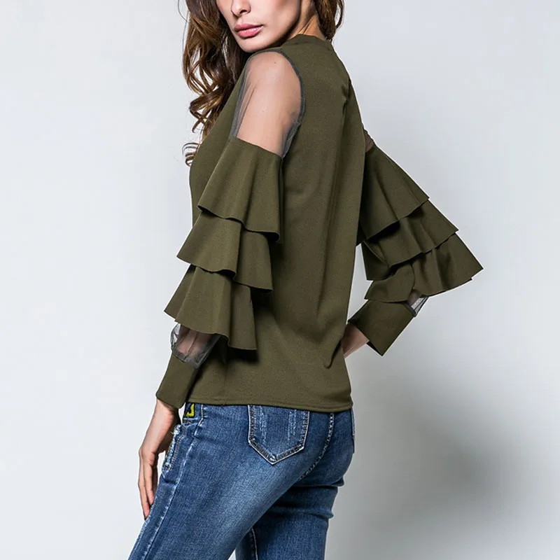 Женская хлопковая блузка с длинным рукавом милая многослойная сетчатая круглым