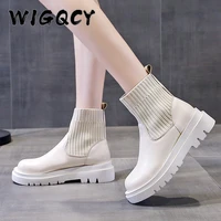 ankle boots woman slip on shoes woman fashion knitted elastic round toe short boots platform square heels leather boots women