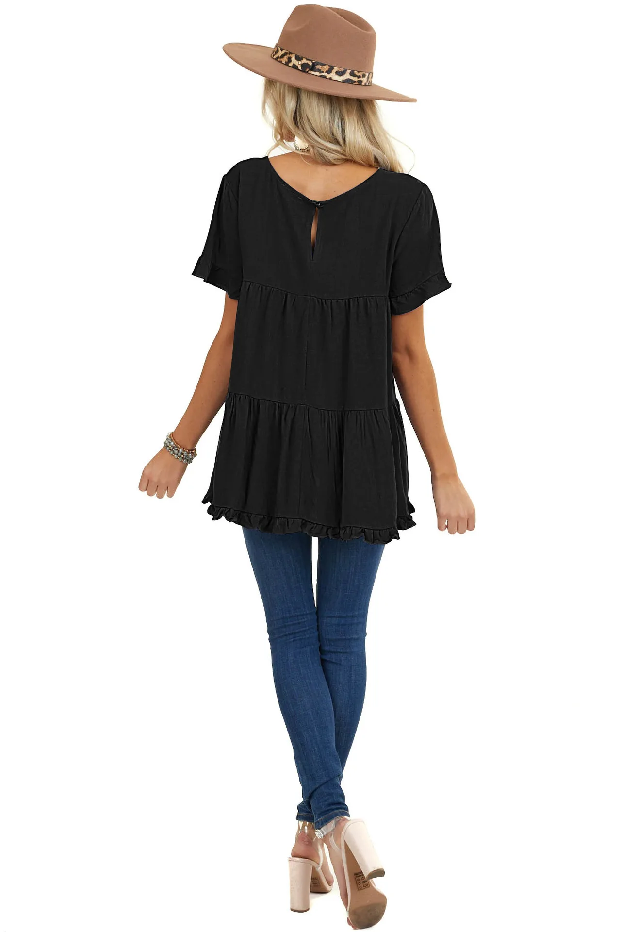 

Mandylandy T-shirt Summer Fashion Short Sleeve O-Neck Ruffled T-shirt Top Women's Casual Solid Color Pleated Stitching T-shirt