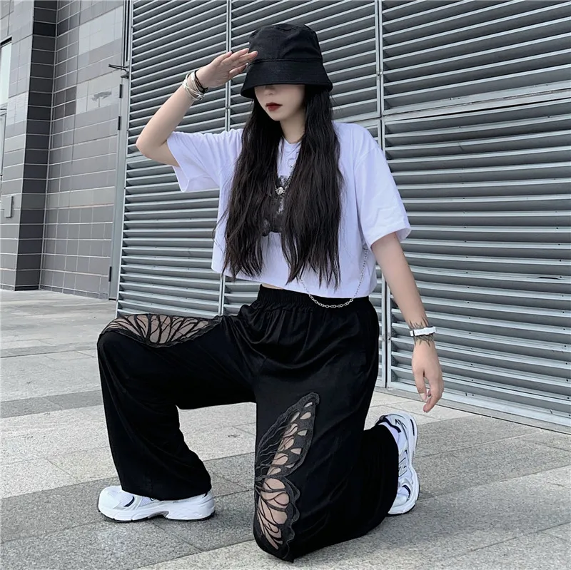 

Women Casual Pants Fashion Buttefly Hollow Out High Waist Trousers Female Loose Black Jogger Pants Plus Size Streetwear Clothes