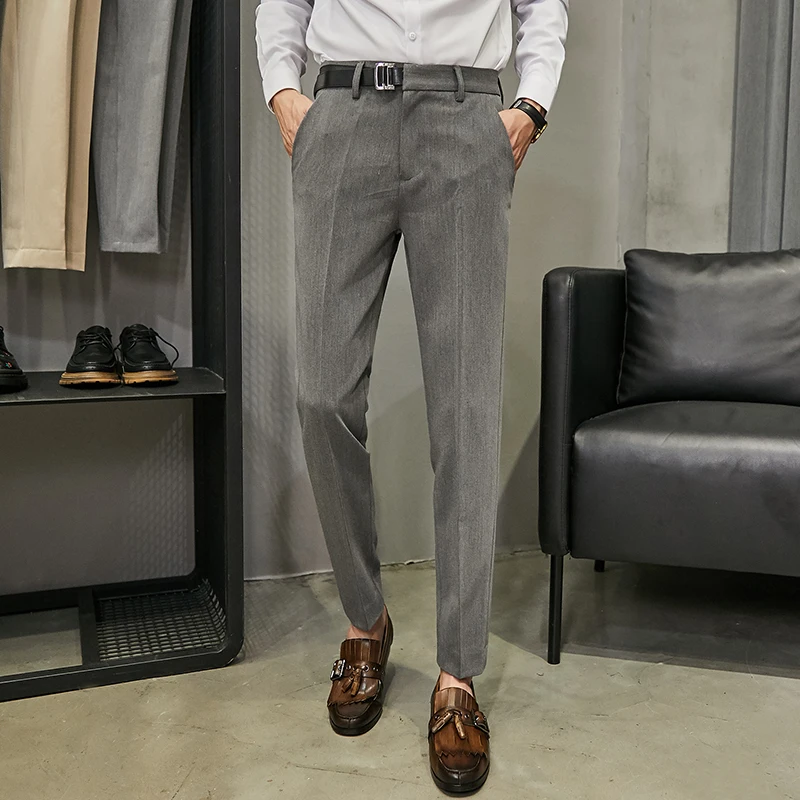 

2020 Fall Winter British Style Business Dress Pants Belt Stitching Slim Fit Formal Office Social Pants Casual Wedding Trousers