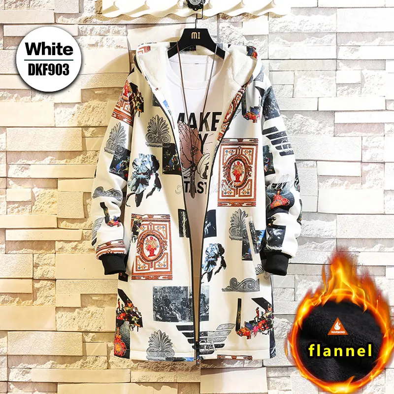 Флисовая Куртка, зимние мужские парки, 5XL, с принтом, военный, японский, с капюшоном, длинный плащ, черный, в стиле хип-хоп, уличная одежда, Толстые мужские куртки - Цвет: DKF903White
