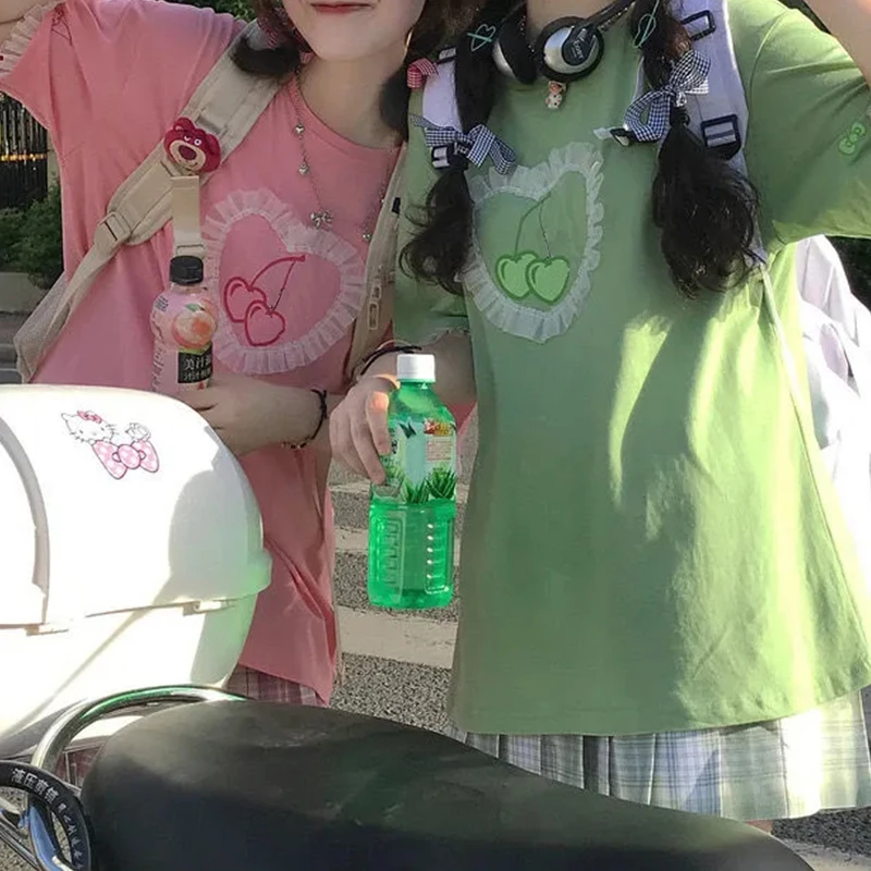 

O-neck T-shirt women Harajuku japan style Sweet Girls Tops tee E-girl Y2K clothes Summer street Cherry Print Lace Short Sleeve