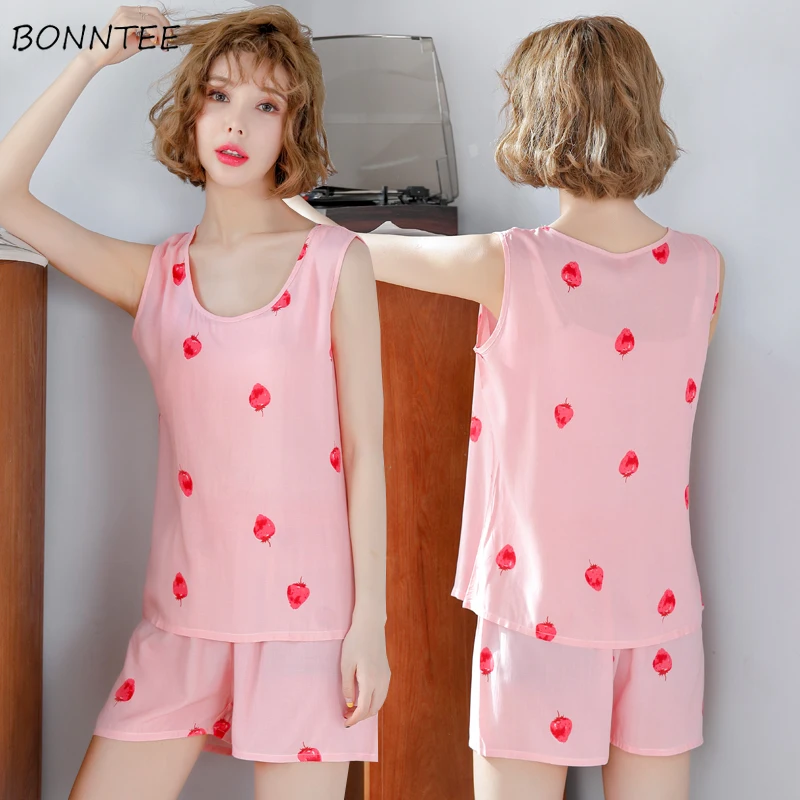 

Pajama Sets Women Summer Print Elegant Sleeveless Soft Korean Style Large Size S-5XL Sleepwear Womens Ulzzang Trendy Leisure New