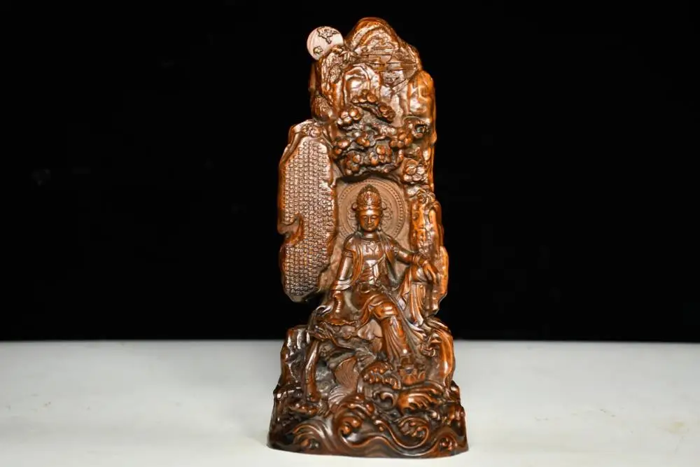 

8" China Lucky Seikos Boxwood Guanyin Bodhisattva statue Guanyin Dharma Huajing Wood Carving Avalokitesvara statue