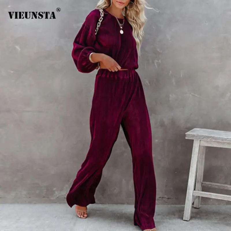 

New Fashion Autumn Winter Corduroy Two Piece Set Women Outfits Elegant Solid Simple O Neck Tops Pullover + Wide Leg Pants Suits