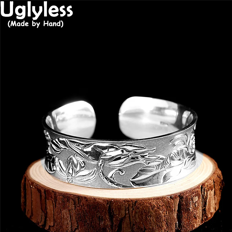 

Uglyless Real 999 Full Silver 20MM Wide Bangles for Women Lotus Pond Eastern Poetic Jewelry Heavy Silver Bangles Heart Sutra