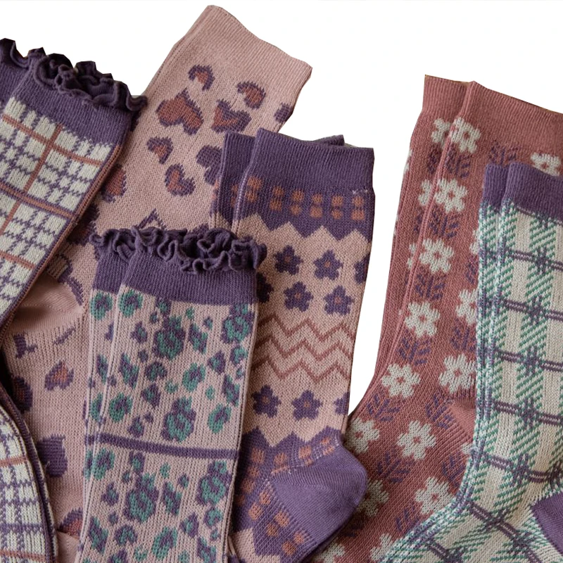 Носки женские с цветочным принтом и оборками, 5 пар от AliExpress WW