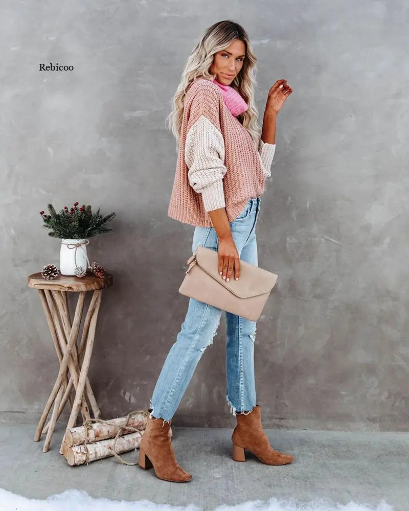 Женский вязаный свитер-водолазка в стиле пэчворк пуловер бохо Модный облегающий