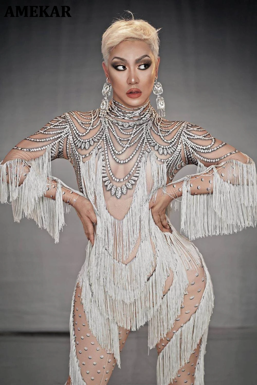 

White Tassel Dance Jumpsuit for Women Nightclub Stage Dancer Wear Playsuit Female Singer Prom Show Leggings Showgirl Outfits