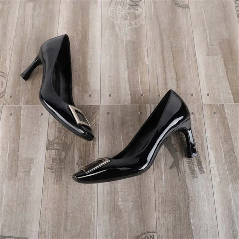

New fashion metal square button square toe shallow stiletto heels professional women's single shoes