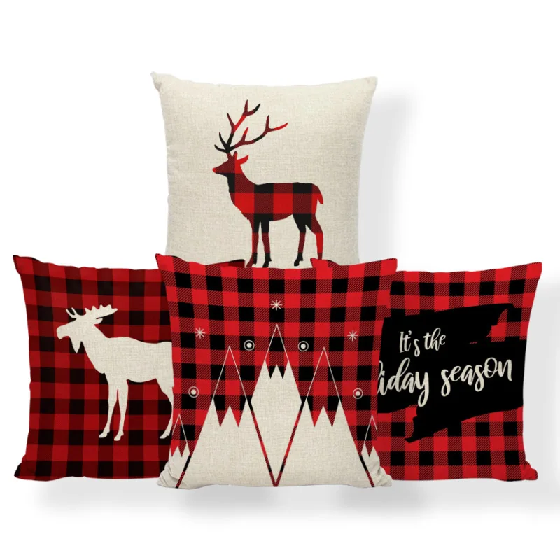 

Merry Christmas Throw Pillow Buffalo Plaid Reindeer Cushion Cover It's the Holiday Season Polyester Blend Home Decor Pillowcases
