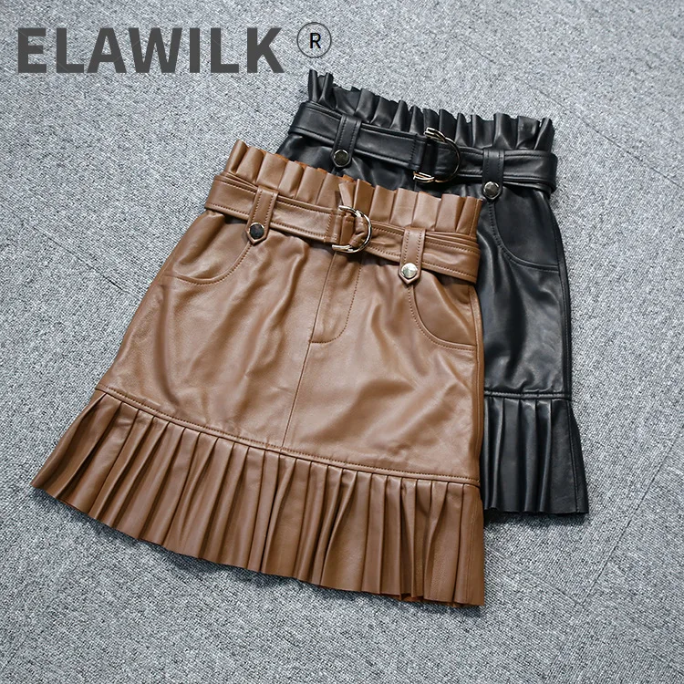 

Autumn 2021 Fashion Women High-rise leather Skirts High quality Genuine leather Belt Ruffles Skirts B289