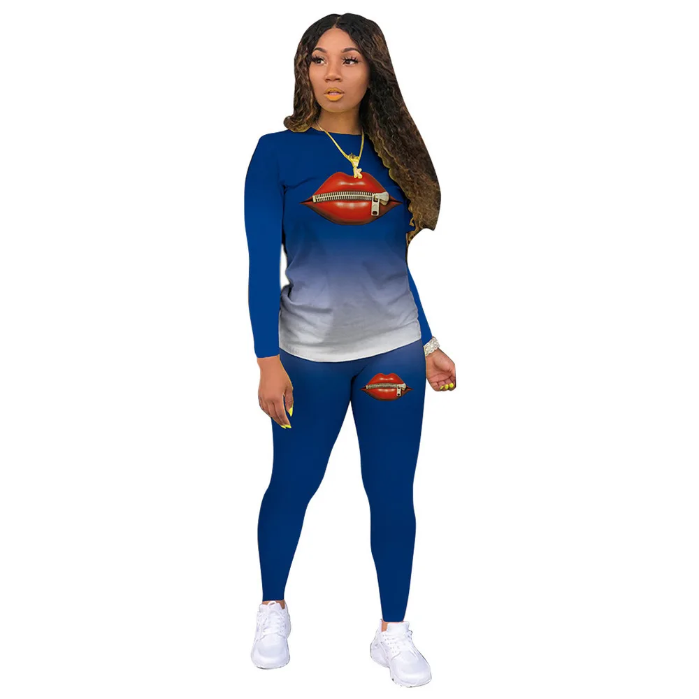 

Workout Fitness Tracksuit Women Two Piece Set Gradient Mouth Print Long Sleeve Tops + Skinny Long Pant Lounge Wear Matching Sets