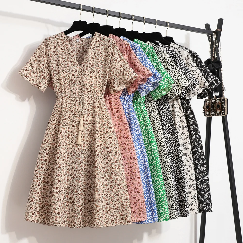 

Chiffon Floral Print Short Sleeve Midi Dress for Women Summer Casual Loose Dresses fashion Korean A Line Beach Party Dress