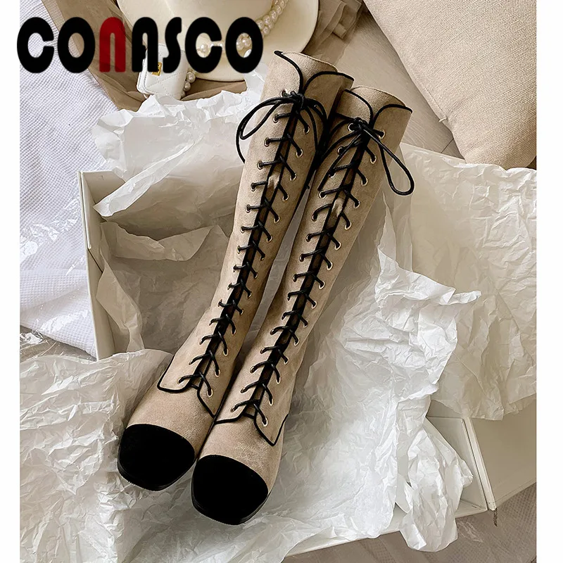 

Женские сапоги до колена CONASCO 2021, осенне-зимние теплые повседневные сапоги из коровьей кожи, женские сапоги с украшением на молнии сзади