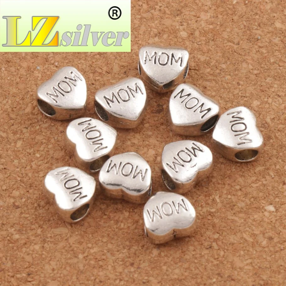 Smooth MOM Heart Big Hole Beads 10.5x10.5mm 125PCS zinc alloy Dangle Fit European Charm Bracelet L1278