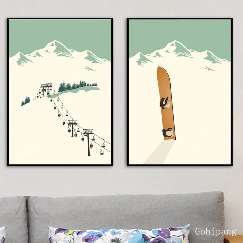 Nordic Decoration Home Vintage Winter Landscape Posters and Prints Painting Abstract Skiing Sports Canvas Art Wall Pictures | Дом и сад