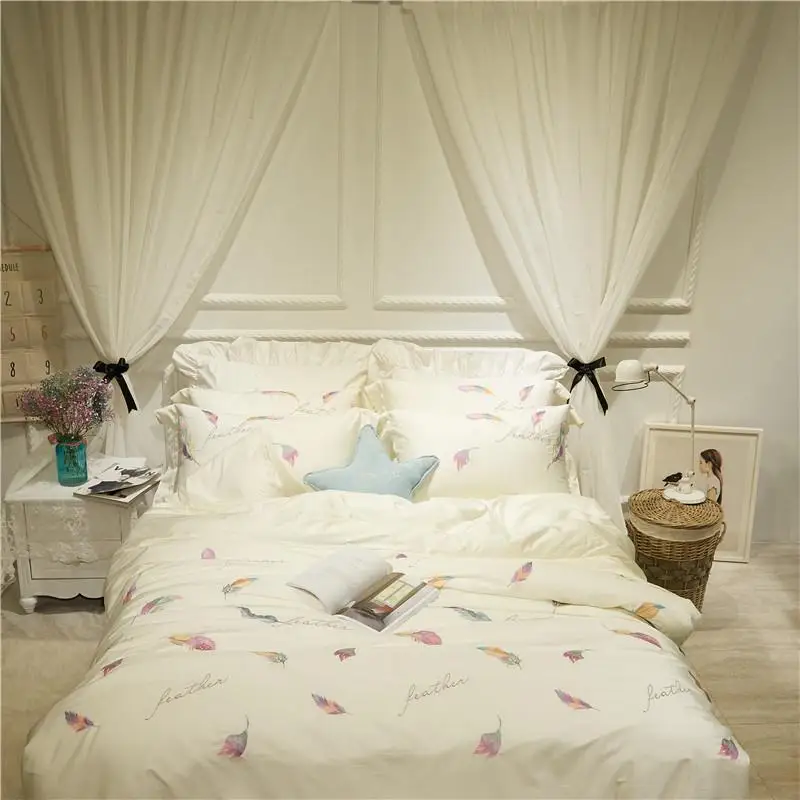 

42 White color Girls Women Bedding set Queen/King Size Cotton Embroidered Feather Bed set Duvet cover Bed room set pillowcases