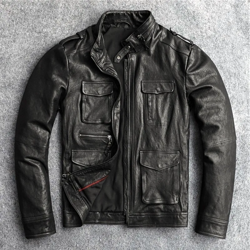 

New Leather 2021 Jacket Men's Genuine Leather Slim Sheepskin Motorcycle Leather Jacket Multi-Pocket Tooling Jacket