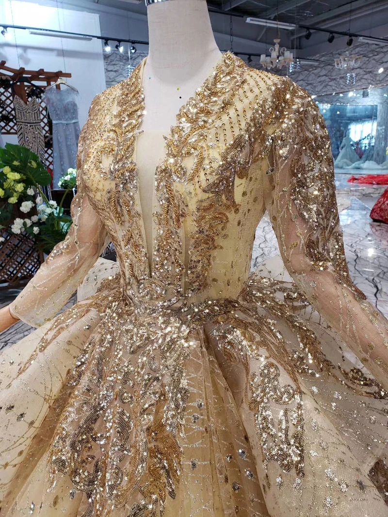

BGW 323ht Golden Puffy Shiny Evening Dress Deep V-neck Long Tulle Sleeves Special Multi-layer Women Formal Dress Custom Size