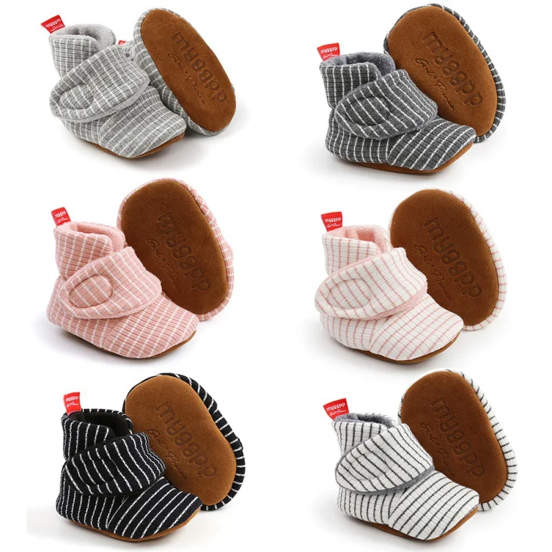 

2021 Winter New Baby Boys Girls Warm Striped Shoes Infant Cotton Casual Plush Soft Sole Non-Slip First Walkers 0-18M