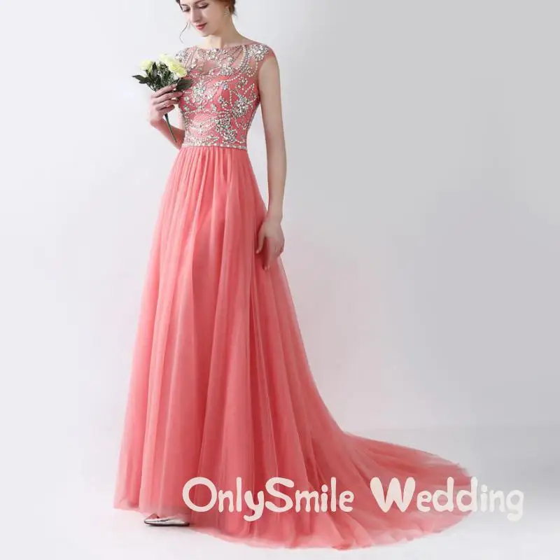 Женское платье для выпускного вечера Прозрачное кораллового цвета с рукавом