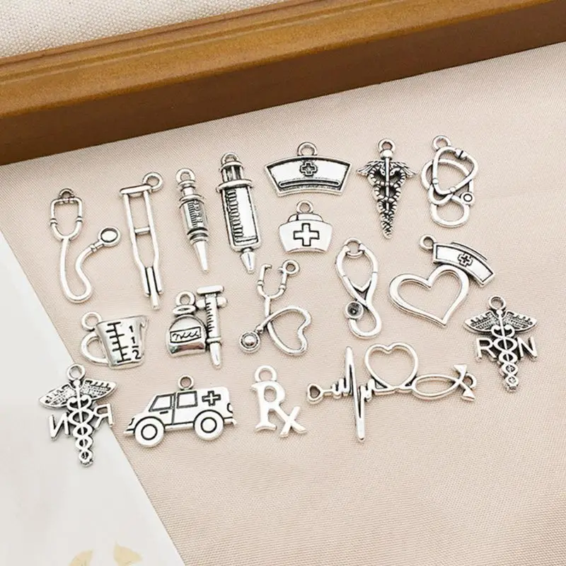 

72Pcs Antique Silver Nurse Charms Stethoscope Pendant DIY Jewelry Making Crafts N58F