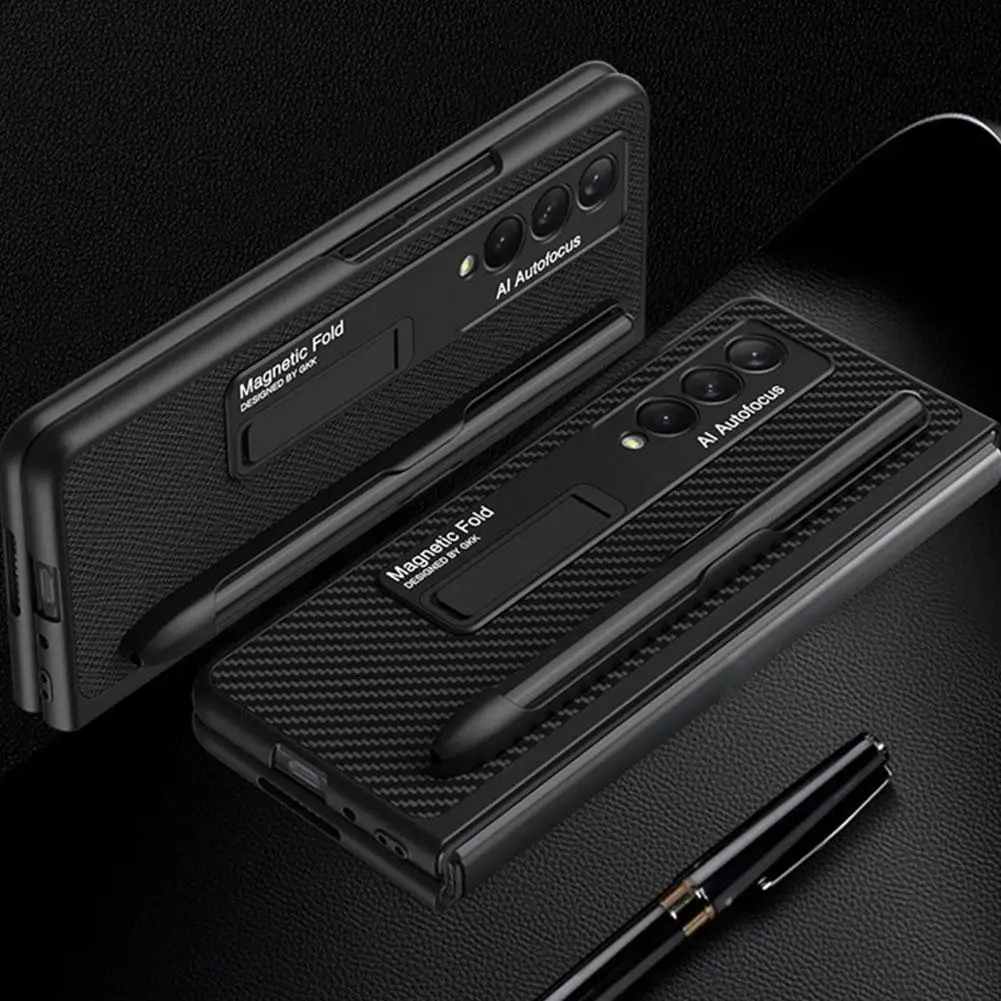 fashion pu leather lychee pattern pen slot case for samsung galaxy z fold 3 5g phone cover with holder luxury cases for fold3 free global shipping