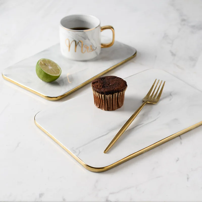 Фото Creative Marble Ceramic Cutting Board with Glod Rim Kitchen Sushi Bread Cheese Serving Board Rectangular Plate Storage Tray №4
