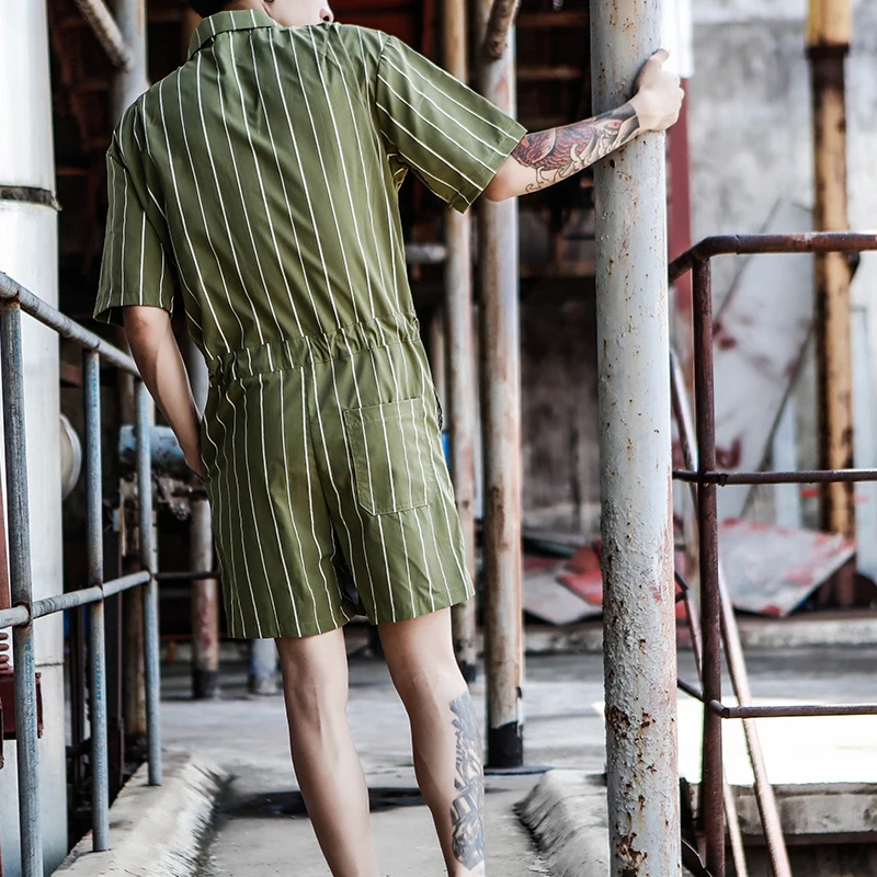 

Jumpsuits Men 2020 New Summer Short Sleeve One Piece Overalls Mens Jumpsuit Playsuits Rompers Striped Design Male Sets Clothes
