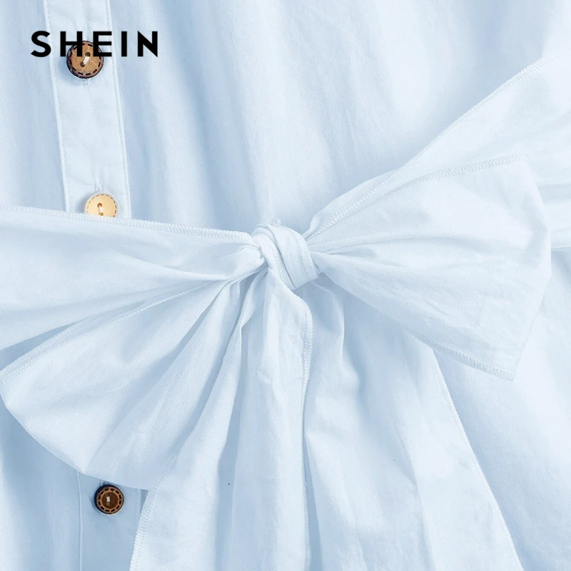SHEIN Button Front Belted Blouse White Solid Long Sleeve Blouse Casual Women Clothes Spring Autumn Blouses